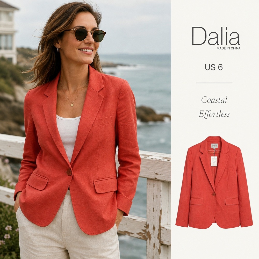 NWT Dalia Blazer Womans S Coral Tailored Linen Blend Single Button Pick Stitch